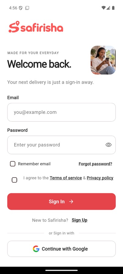Actual Safirisha app sign-in screen.