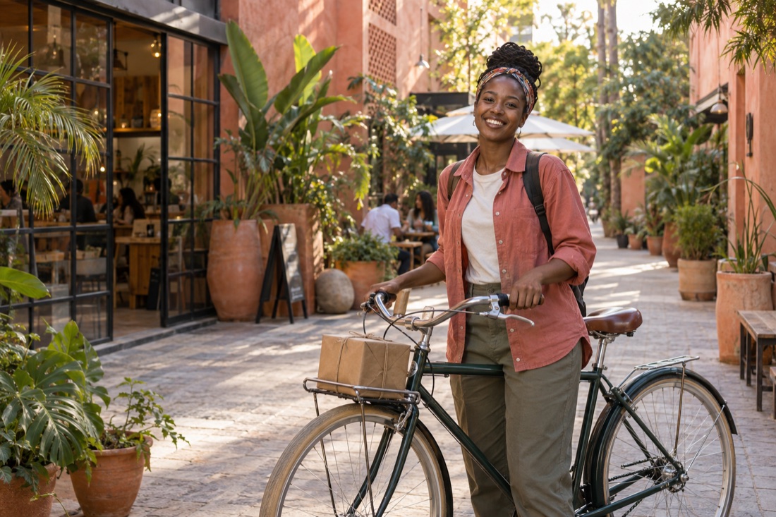 Illustrative photograph of a courier with a bicycle and parcel
