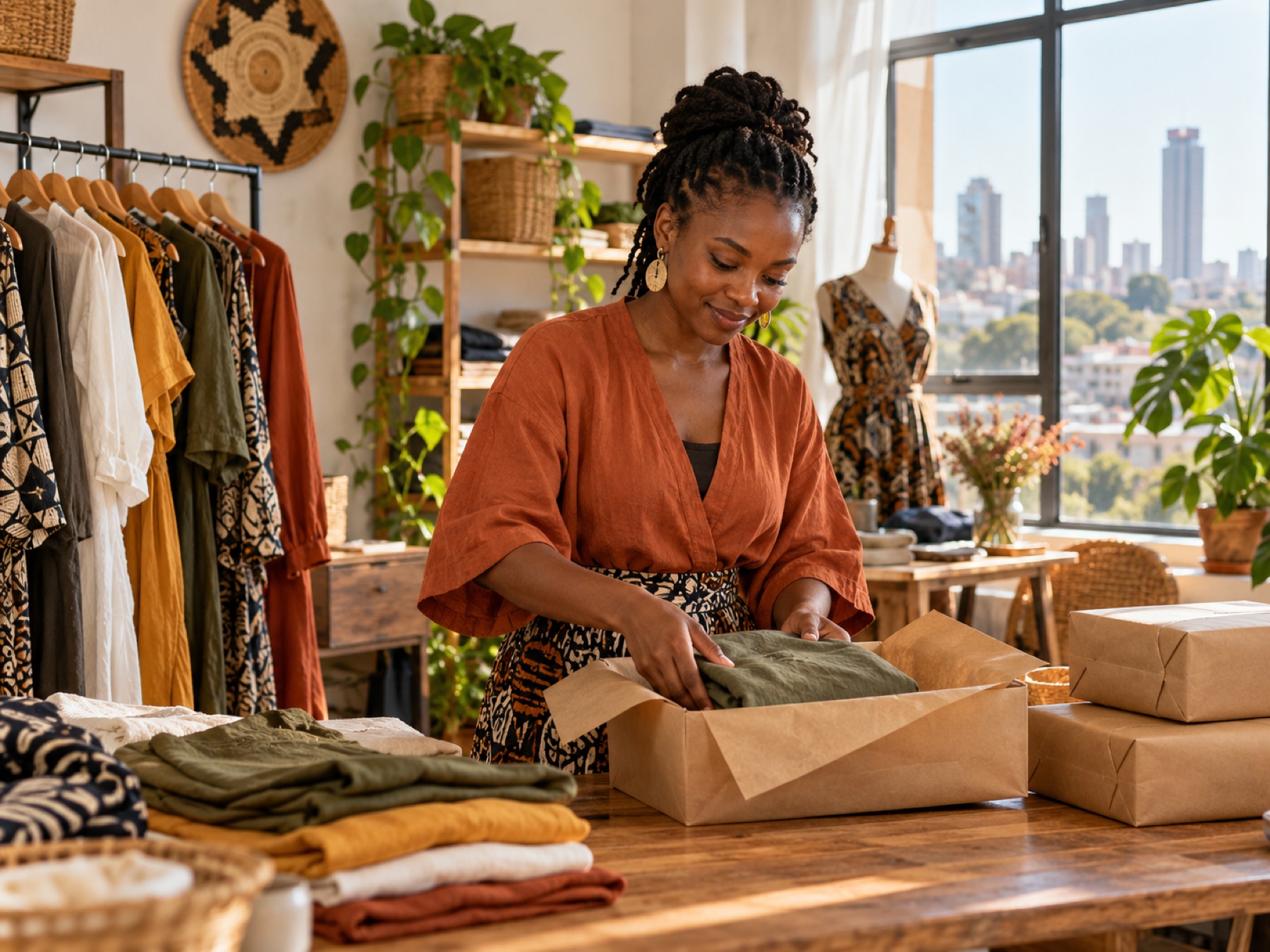 A small-business owner preparing parcels in her studio